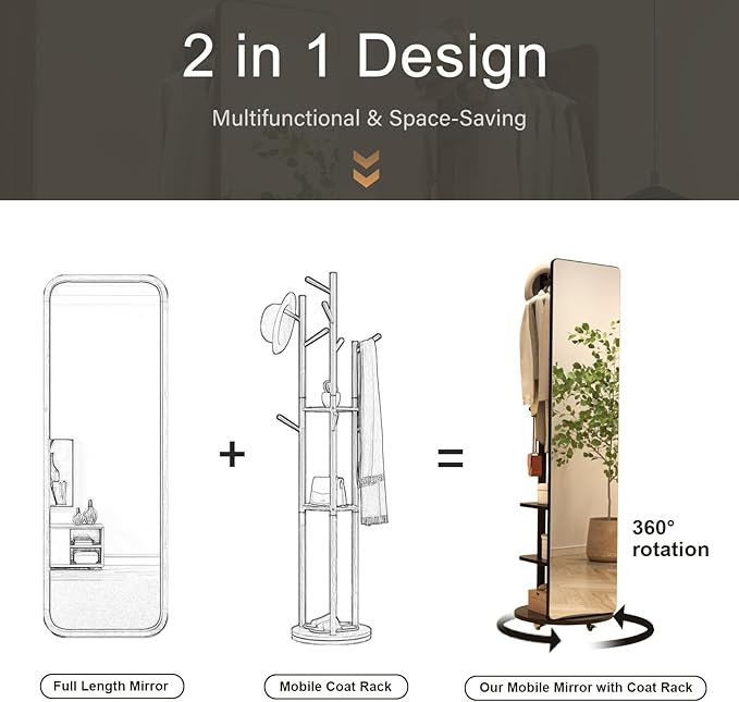 Muwuele Full Length Mirror Coat Rack with Wheels