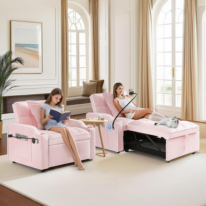 Antetek Sleeper Sofa Chair Bed with Charging Ports & Phone Holder & Cup Holder, Modern Velvet 3 in 1 Convertible Pull Out Sofa, Single Chair Bed for Small Spaces Apartment, Pink