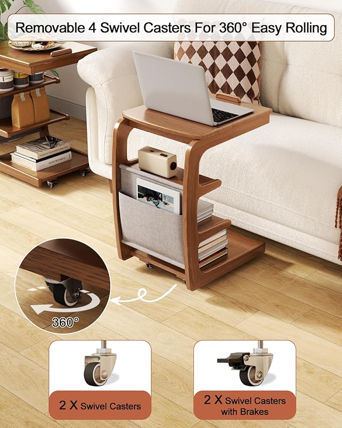 AQIMUELE C-Shaped Rolling Side Table with Wheels