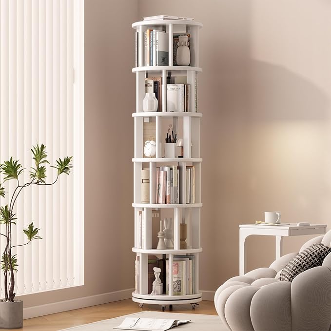 Muwuele 6-Tier Rotating Bookshelf with Wheels