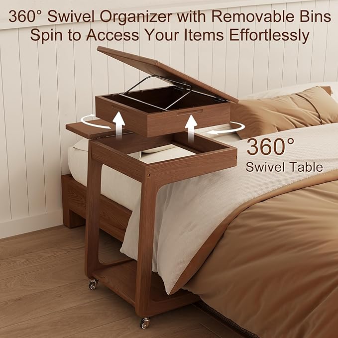 Solid Wood C-Shaped Rolling End Table