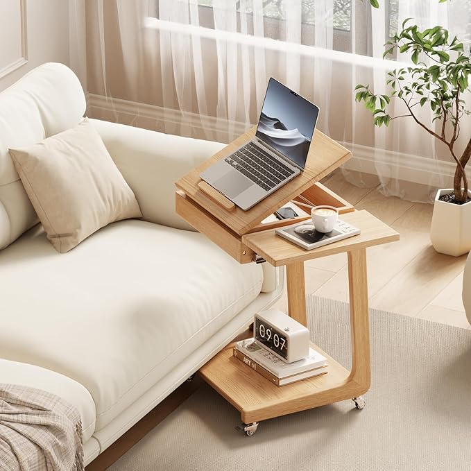 Solid Wood C-Shaped Rolling End Table