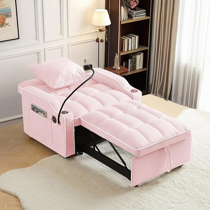 Antetek Sleeper Sofa Chair Bed with Charging Ports & Phone Holder & Cup Holder, Modern Velvet 3 in 1 Convertible Pull Out Sofa, Single Chair Bed for Small Spaces Apartment, Pink