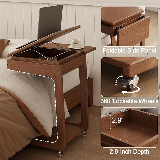 Solid Wood C-Shaped Rolling End Table