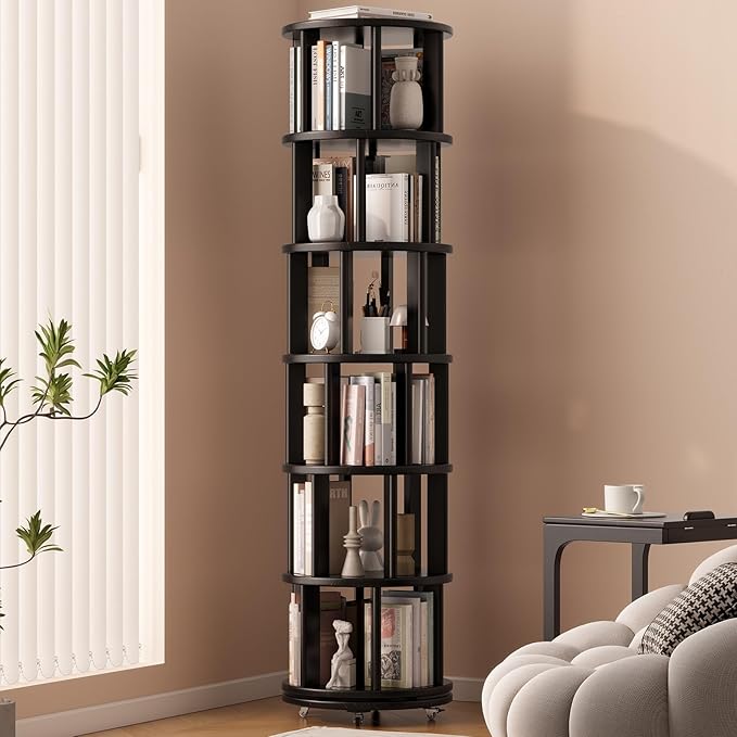 Muwuele 6-Tier Rotating Bookshelf with Wheels