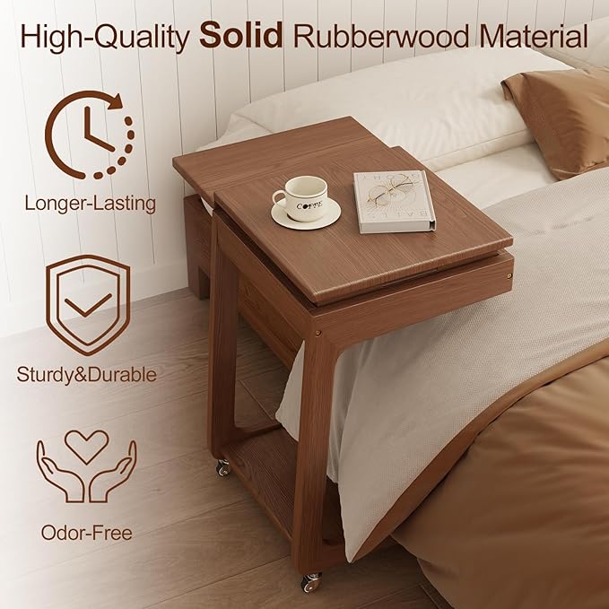 Solid Wood C-Shaped Rolling End Table