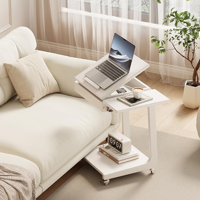 Solid Wood C-Shaped Rolling End Table