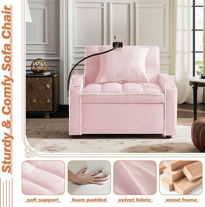 Antetek Sleeper Sofa Chair Bed with Charging Ports & Phone Holder & Cup Holder, Modern Velvet 3 in 1 Convertible Pull Out Sofa, Single Chair Bed for Small Spaces Apartment, Pink