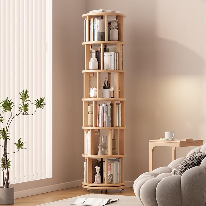Muwuele 6-Tier Rotating Bookshelf with Wheels