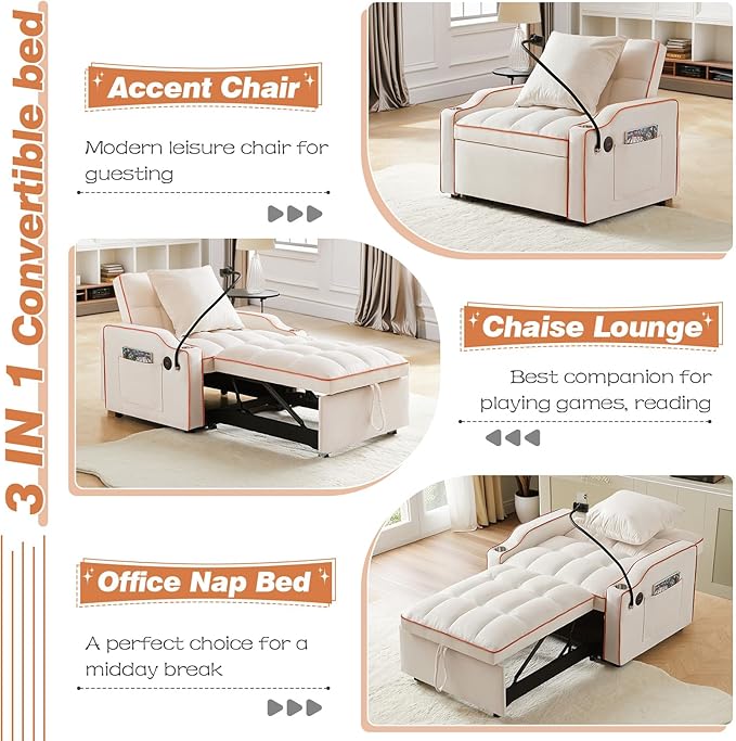 Antetek Sleeper Sofa Chair Bed with Charging Ports & Phone Holder & Cup Holder, Modern Velvet 3 in 1 Convertible Pull Out Sofa, Single Chair Bed for Small Spaces Apartment, Pink