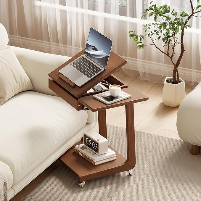 Solid Wood C-Shaped Rolling End Table