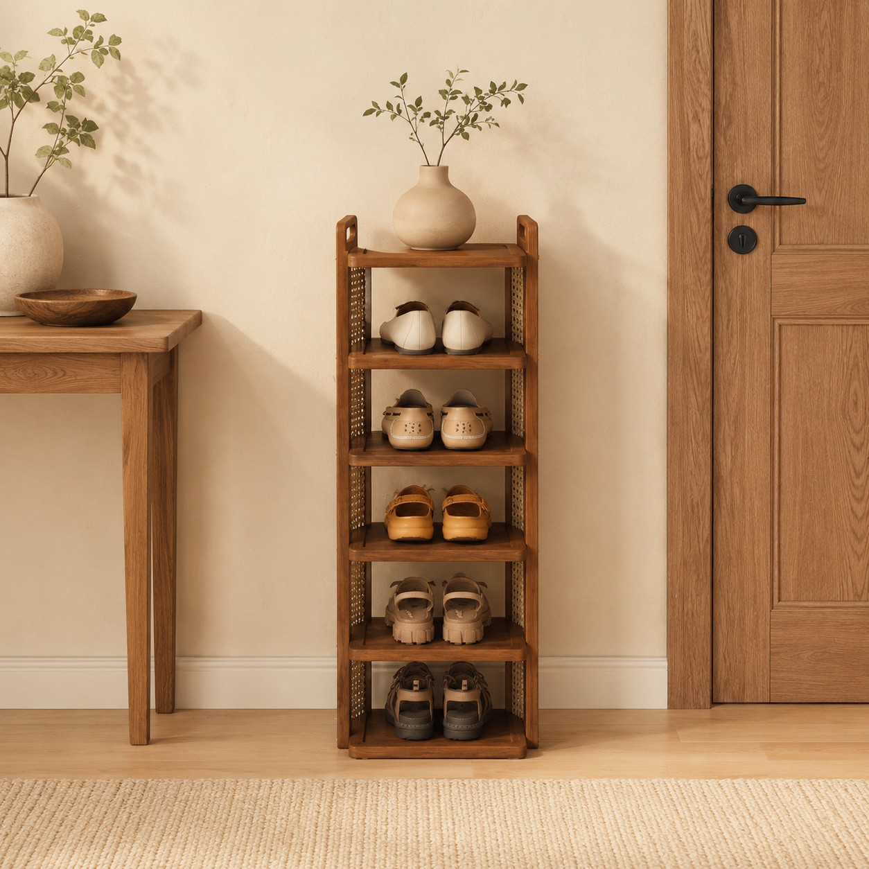 5-Tier Wooden Rattan Shoe Rack