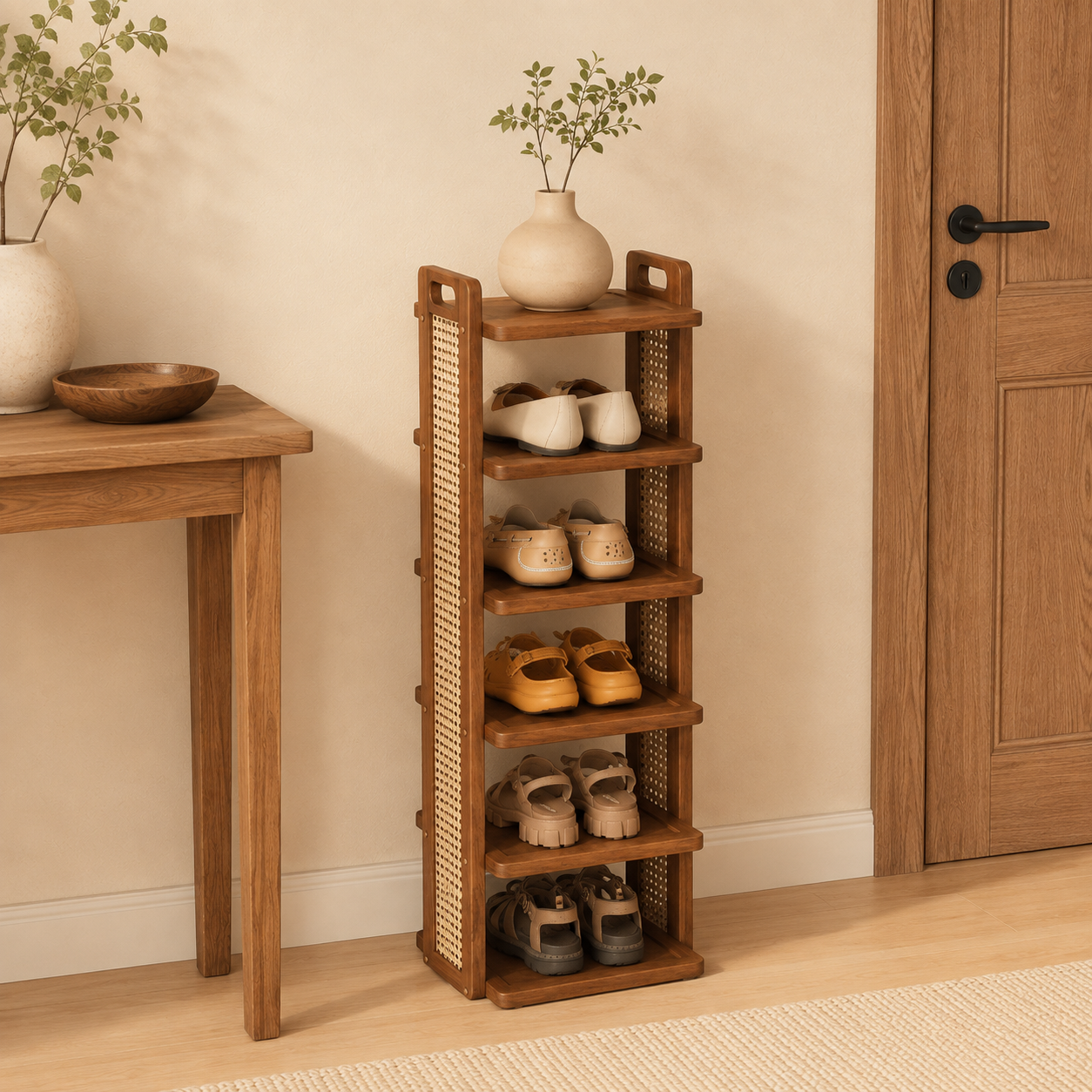 5-Tier Wooden Rattan Shoe Rack