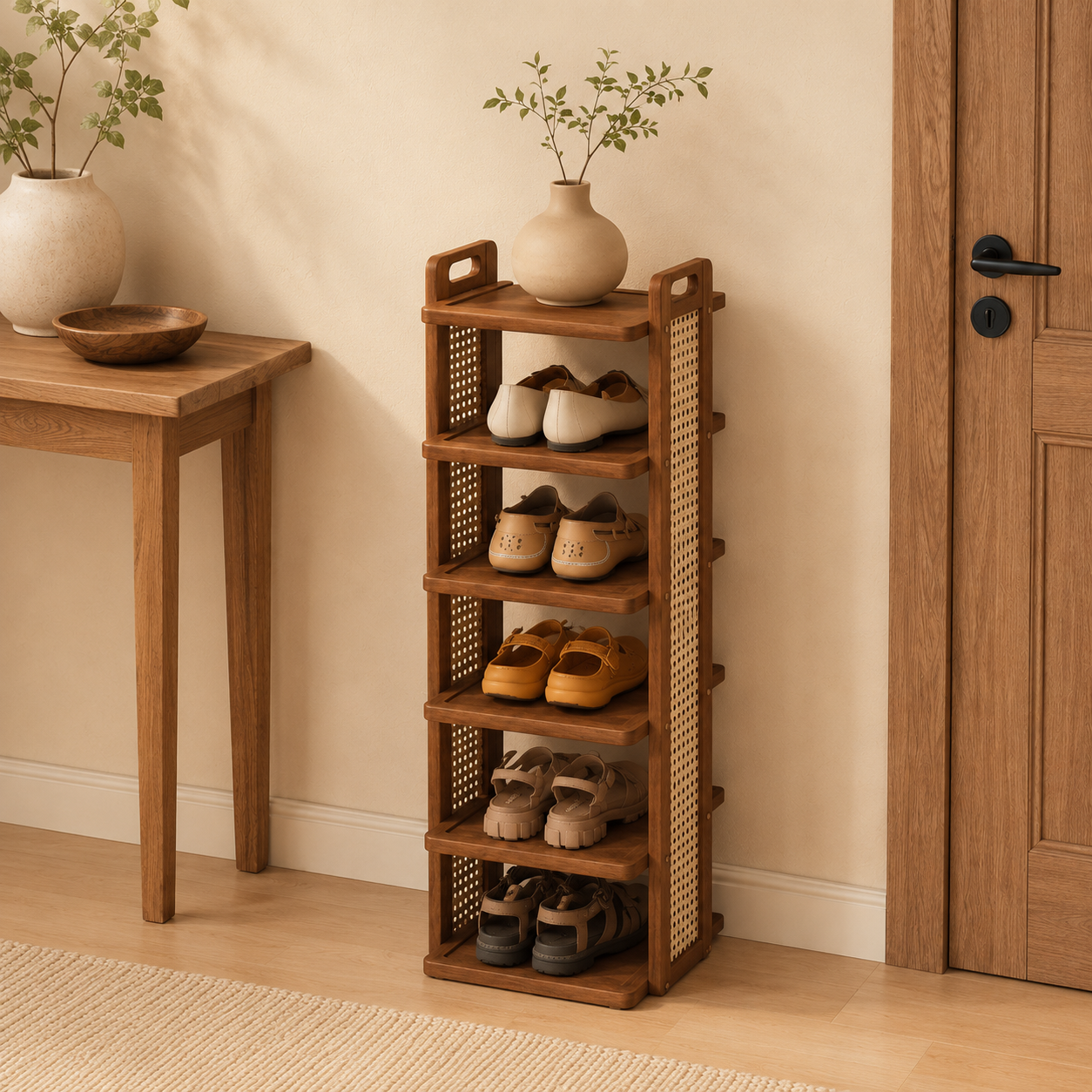5-Tier Wooden Rattan Shoe Rack