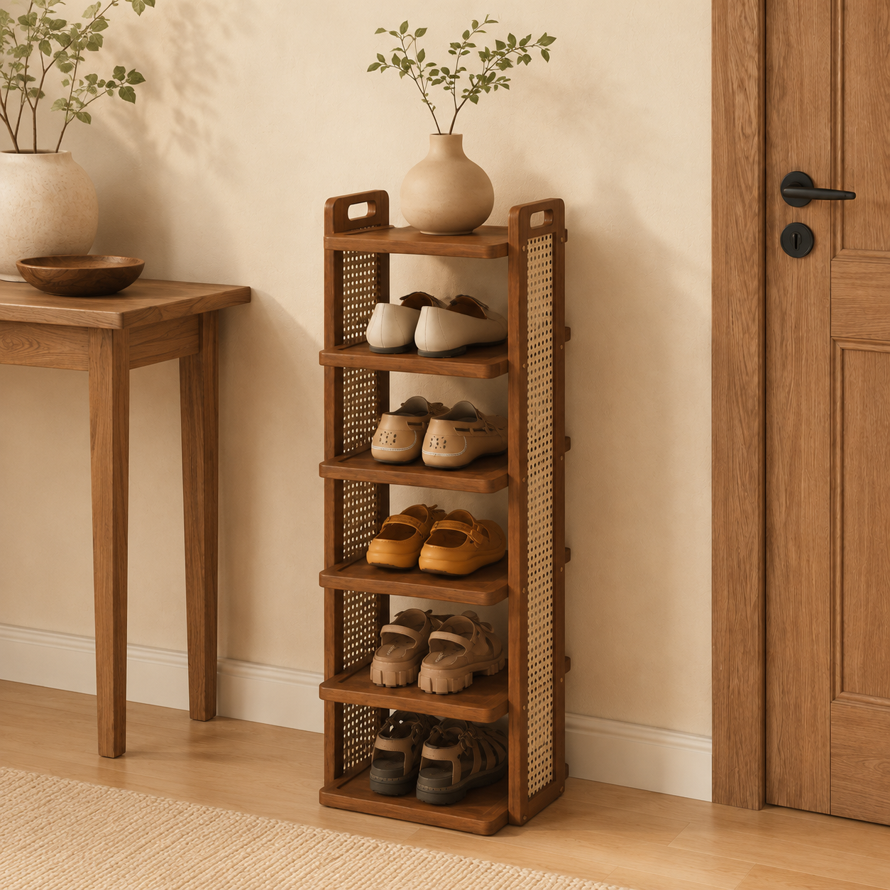 5-Tier Wooden Rattan Shoe Rack