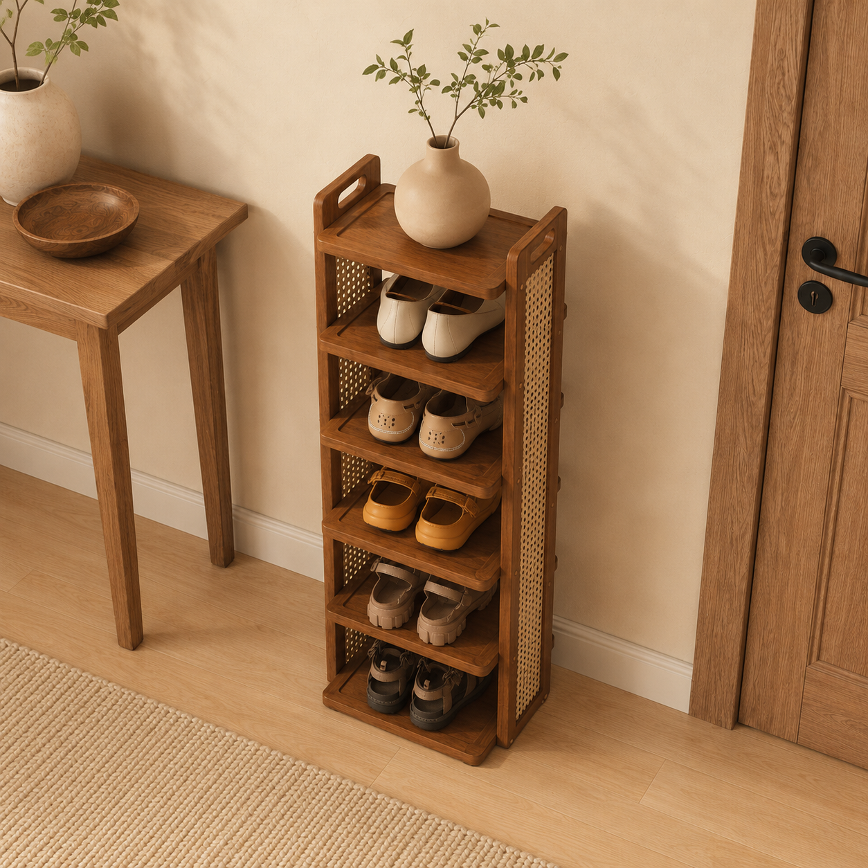 5-Tier Wooden Rattan Shoe Rack