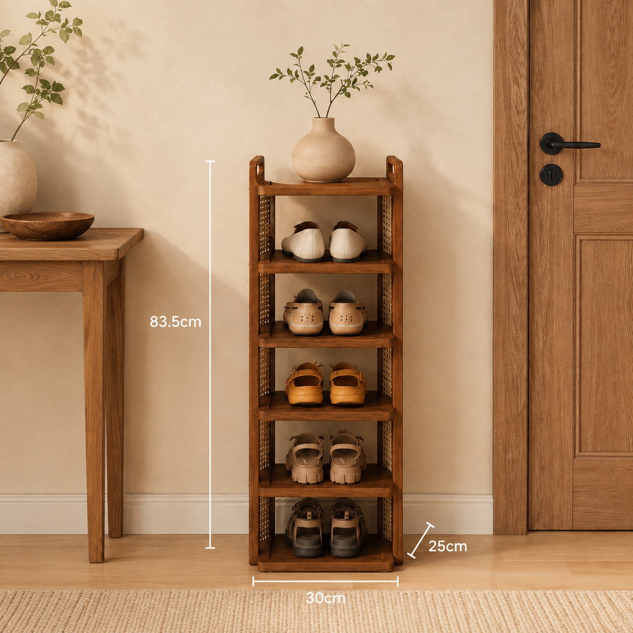 5-Tier Wooden Rattan Shoe Rack