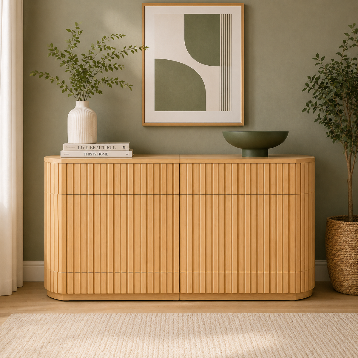 Fluted Wood Sideboard Cabinet