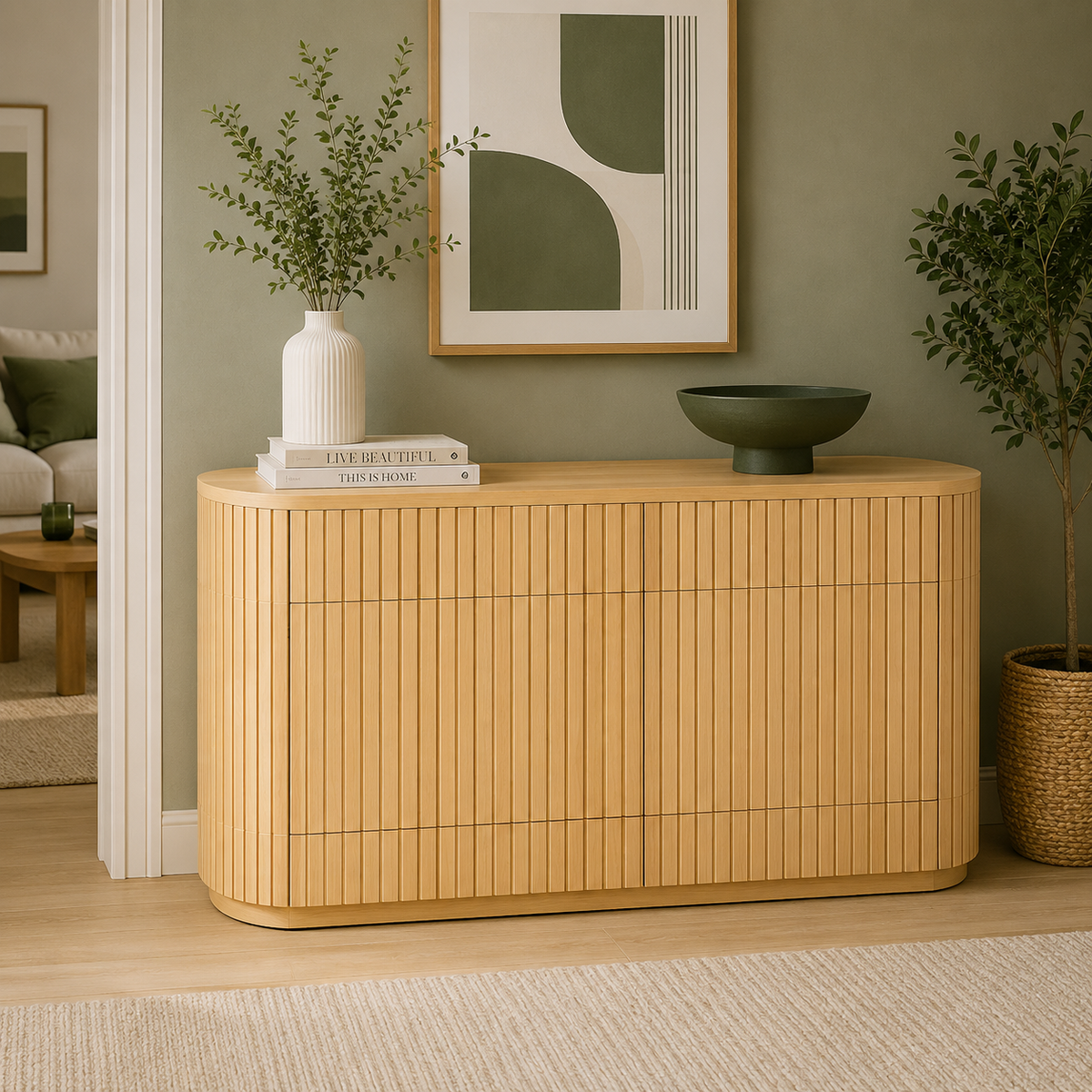 Fluted Wood Sideboard Cabinet