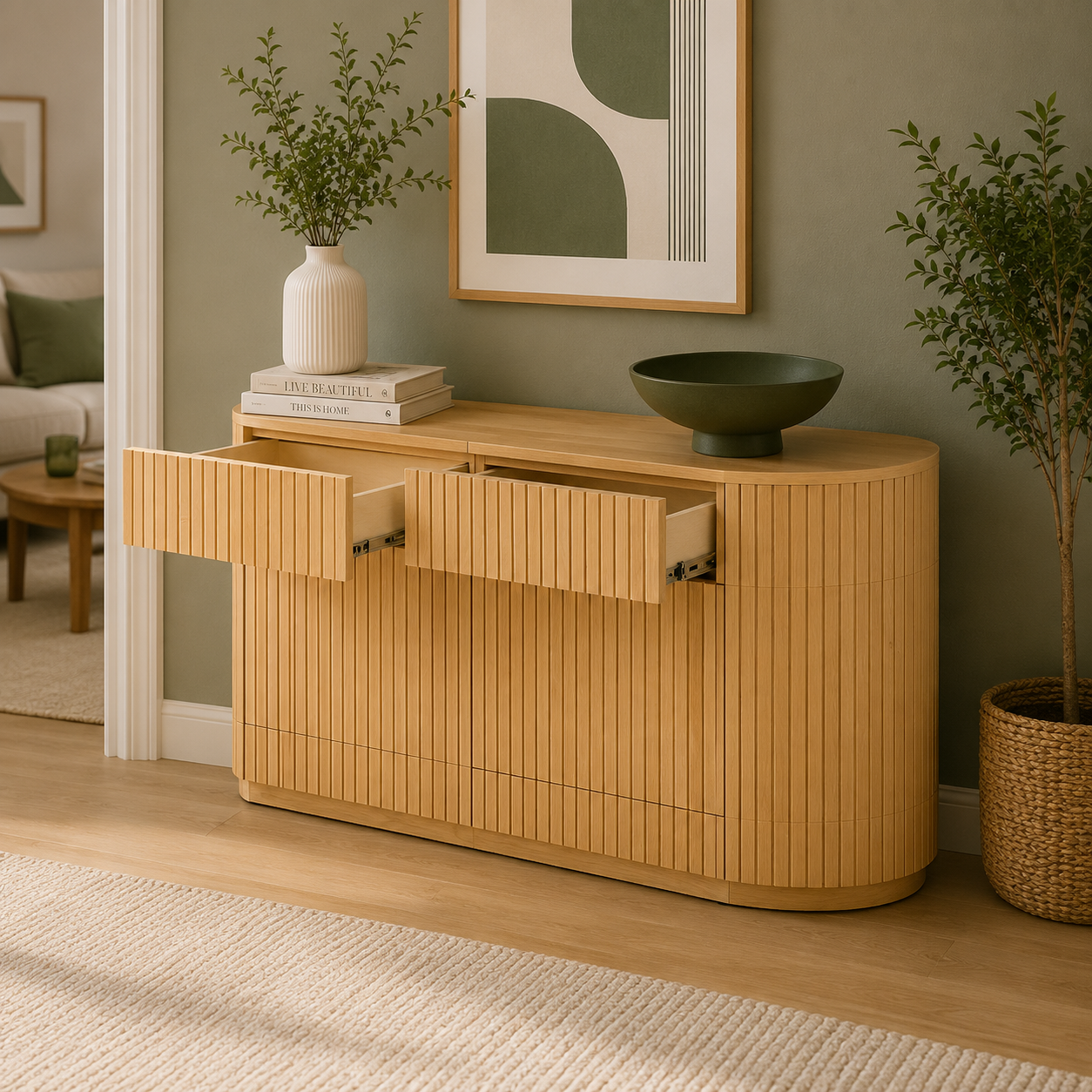 Fluted Wood Sideboard Cabinet