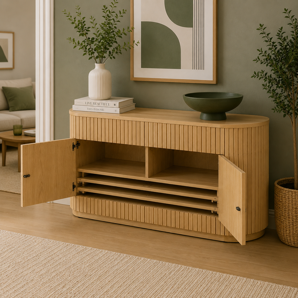 Fluted Wood Sideboard Cabinet