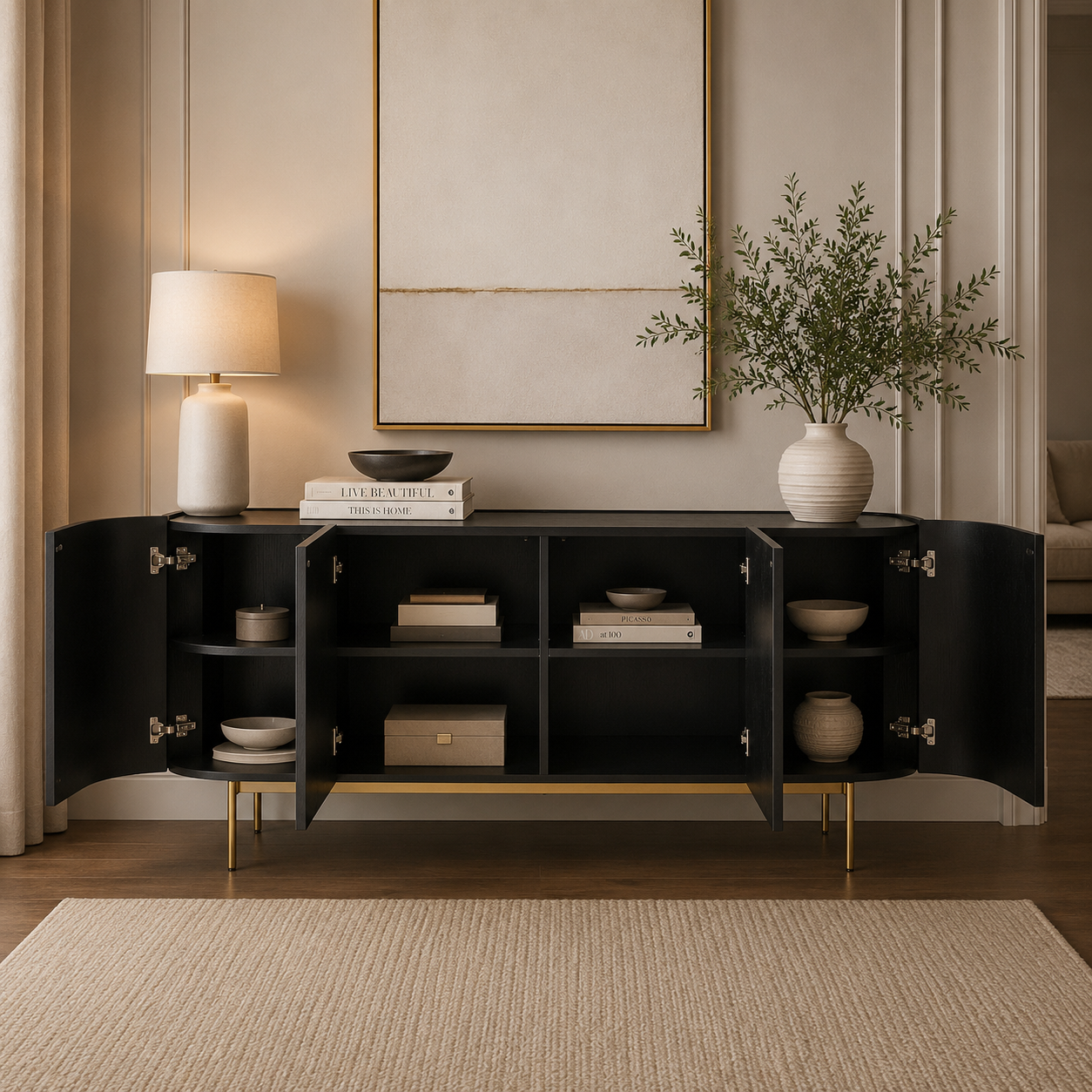 Modern Curved 4-Door Sideboard Cabinet