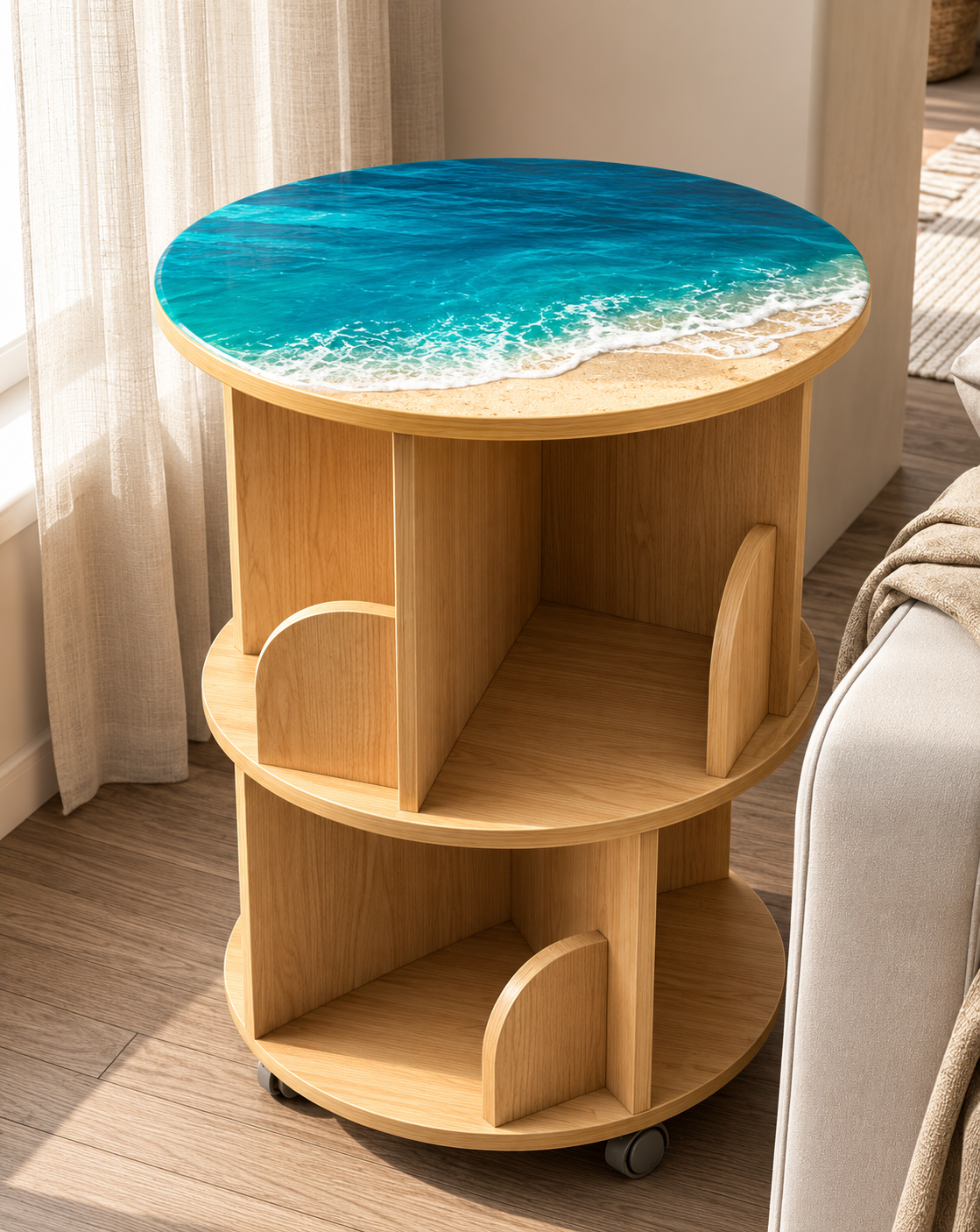 Ocean Resin Round Wooden Rotating Side Table