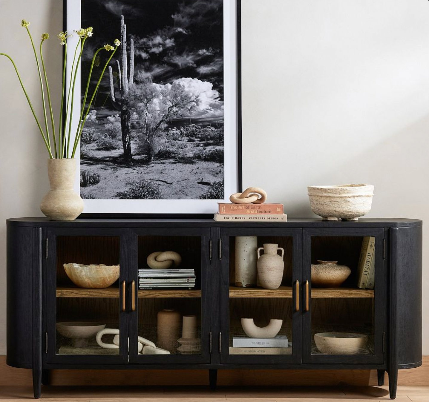 Modern Black Wooden Glass Door Sideboard Cabinet