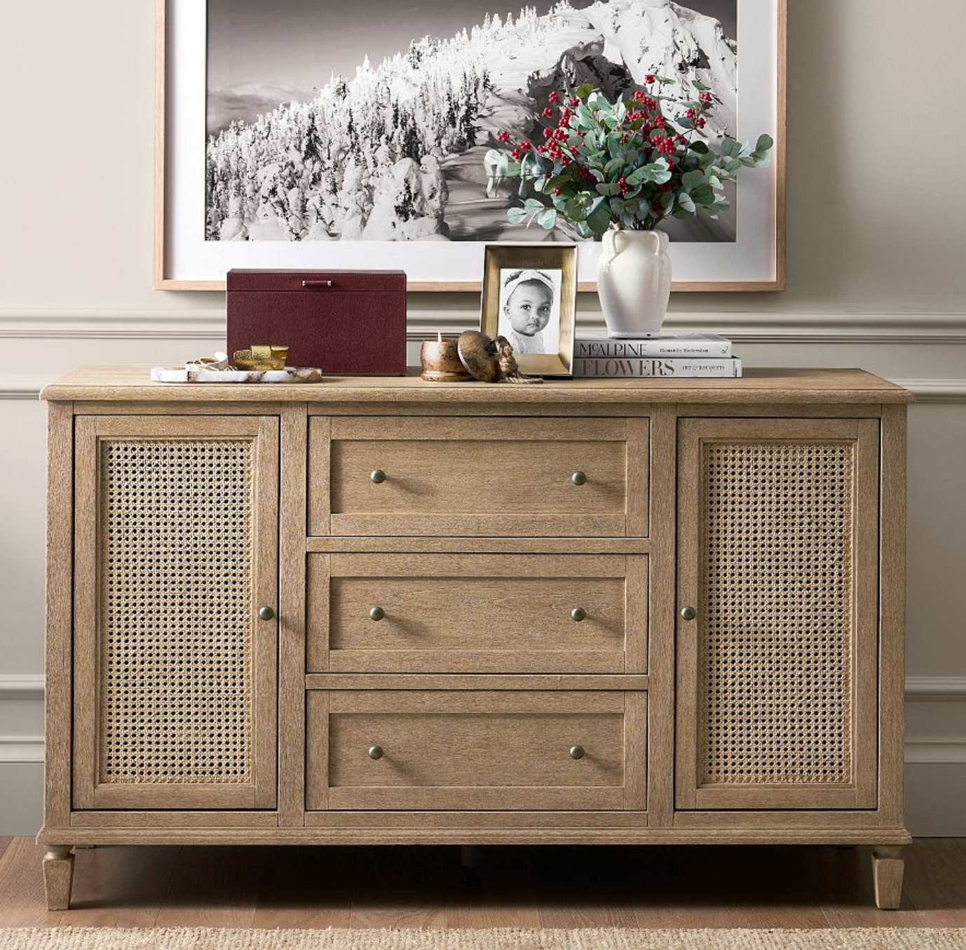 Natural Wood Rattan Sideboard Cabinet