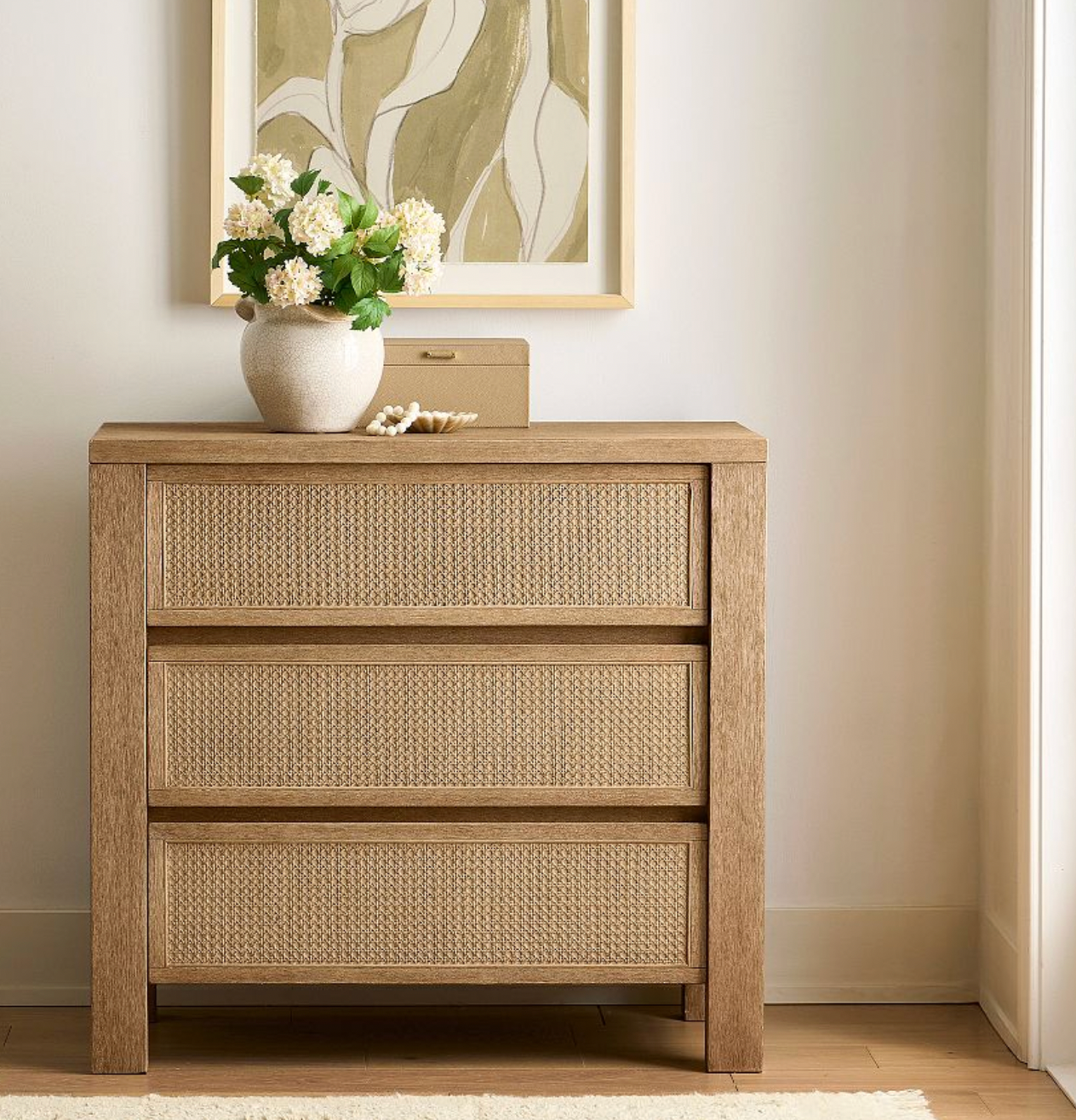 Natural Wood Rattan 3-Drawer Chest
