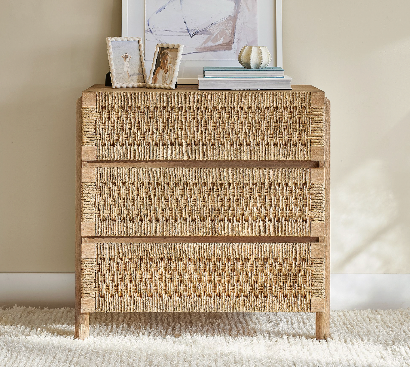 Natural Wood Woven Rope 3-Drawer Chest