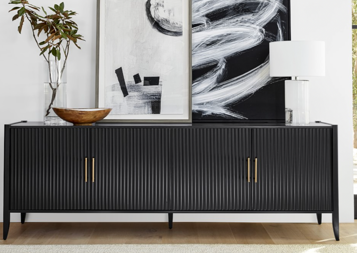 Modern Black Fluted 4-Door Sideboard Cabinet