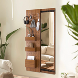 Wooden Wall Mounted Mirror Organizer with Hooks & Shelves
