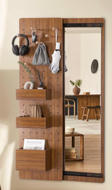 Wooden Wall Mounted Mirror Organizer with Hooks & Shelves