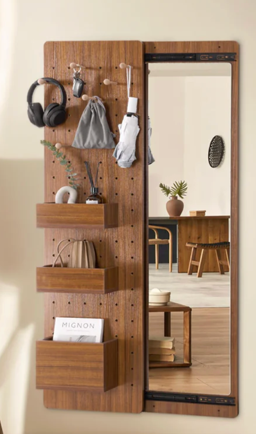 Wooden Wall Mounted Mirror Organizer with Hooks & Shelves