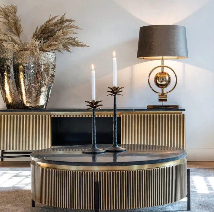 Luxury Round Fluted Coffee Table with Dark Top