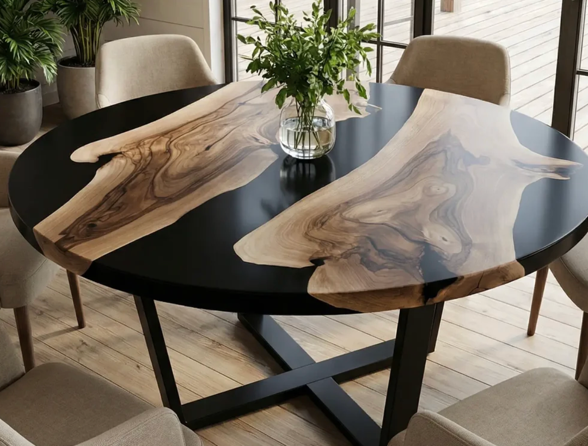 Round Black Resin Wooden Coffee Table
