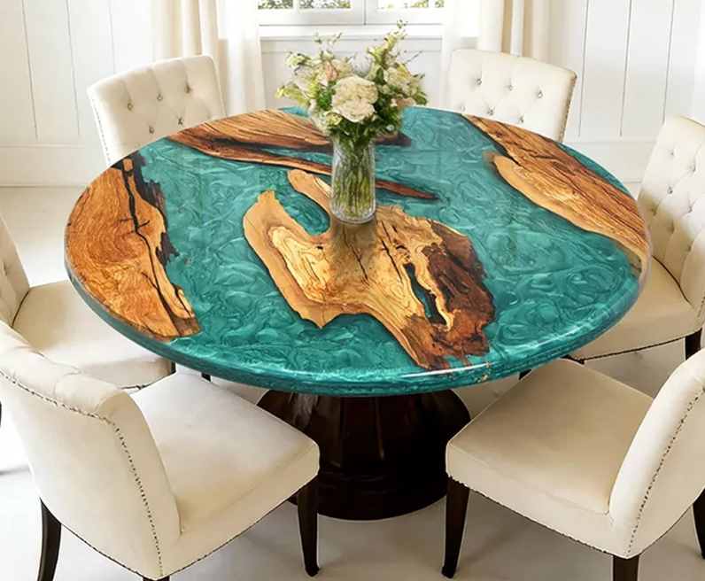Round Turquoise Resin Wooden Table