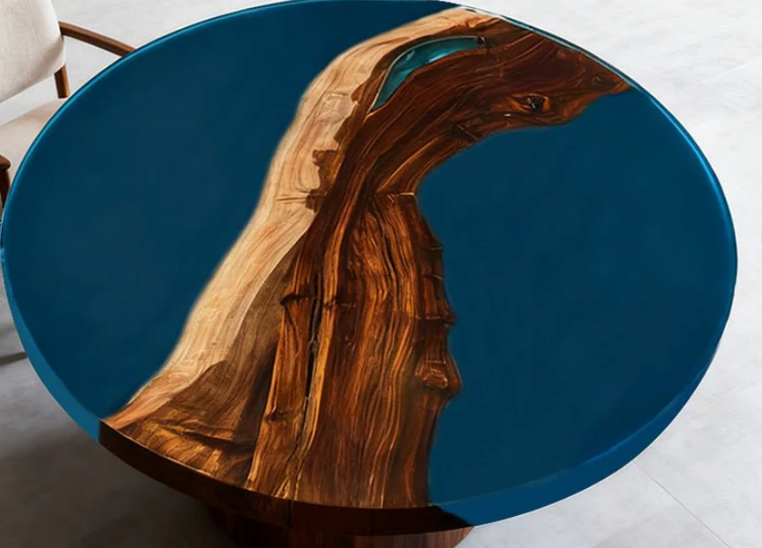 Round Blue Resin Wooden Table