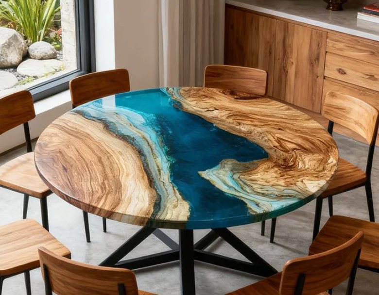 Round Blue Resin Wooden Coffee Table