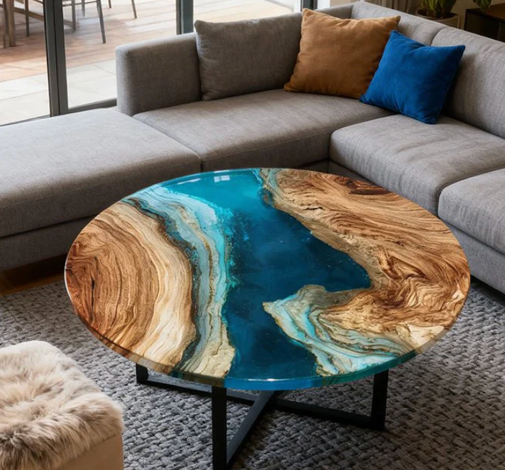 Round Blue Resin Wooden Coffee Table