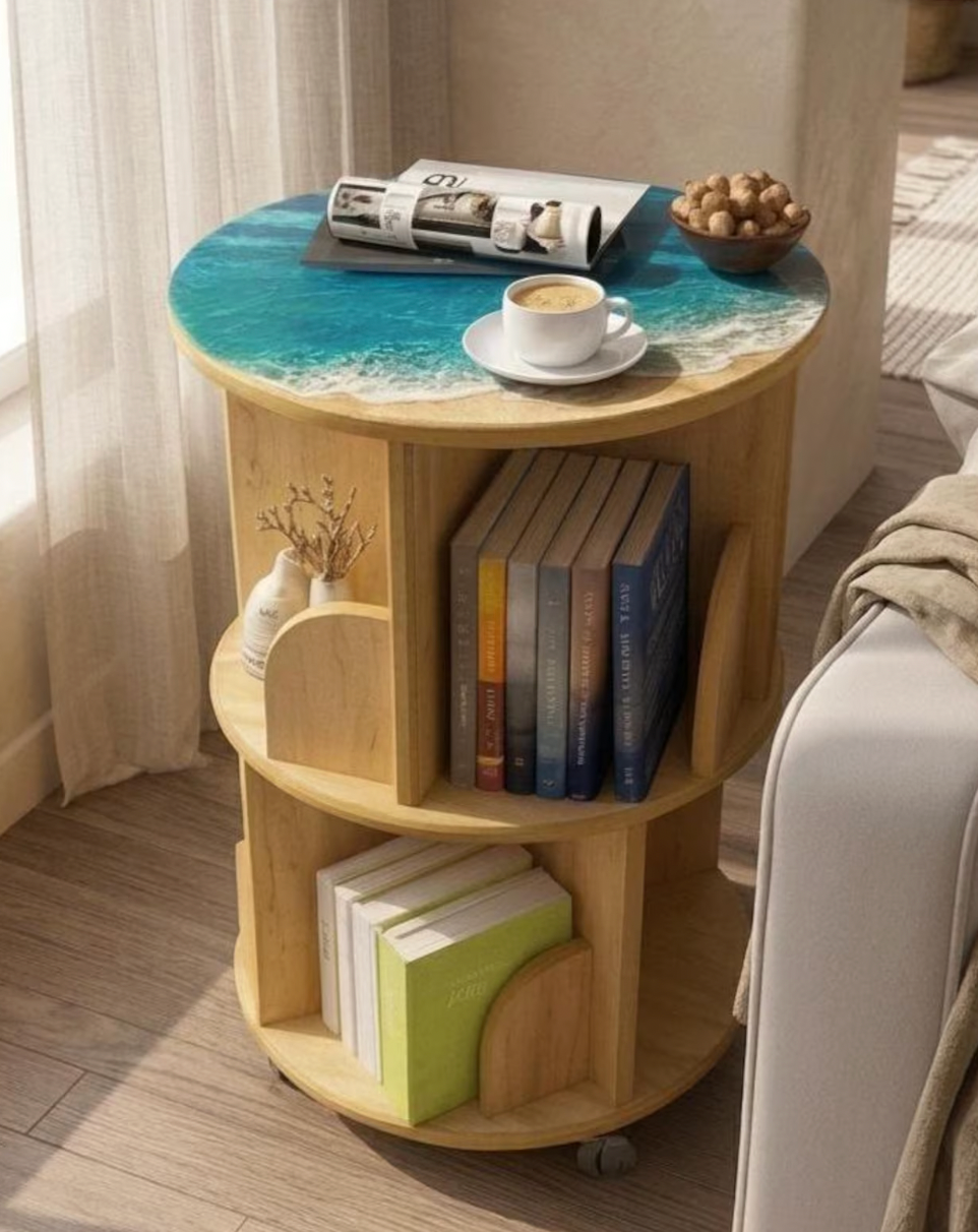 Ocean Resin Round Wooden Rotating Side Table