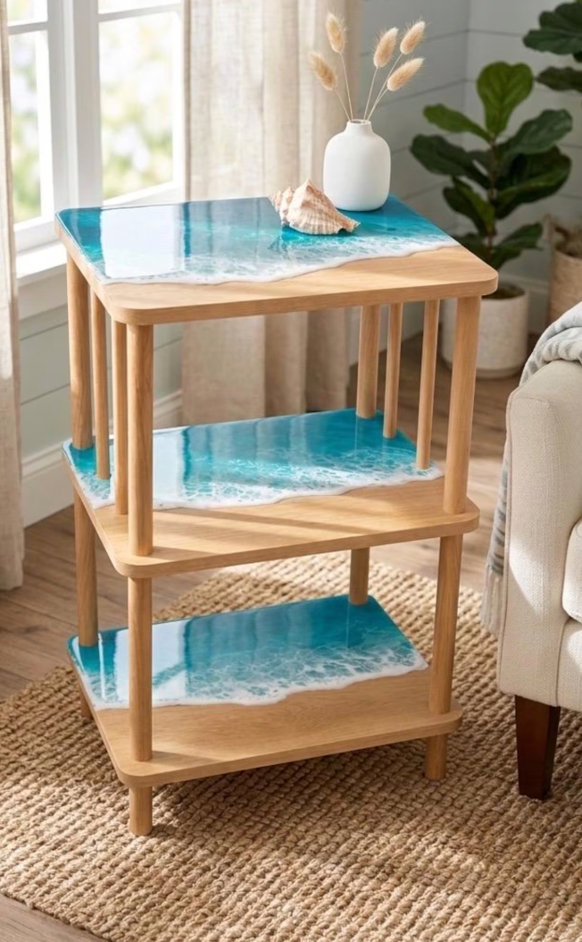 Ocean Wave Resin 3-Tier Wooden Side Shelf