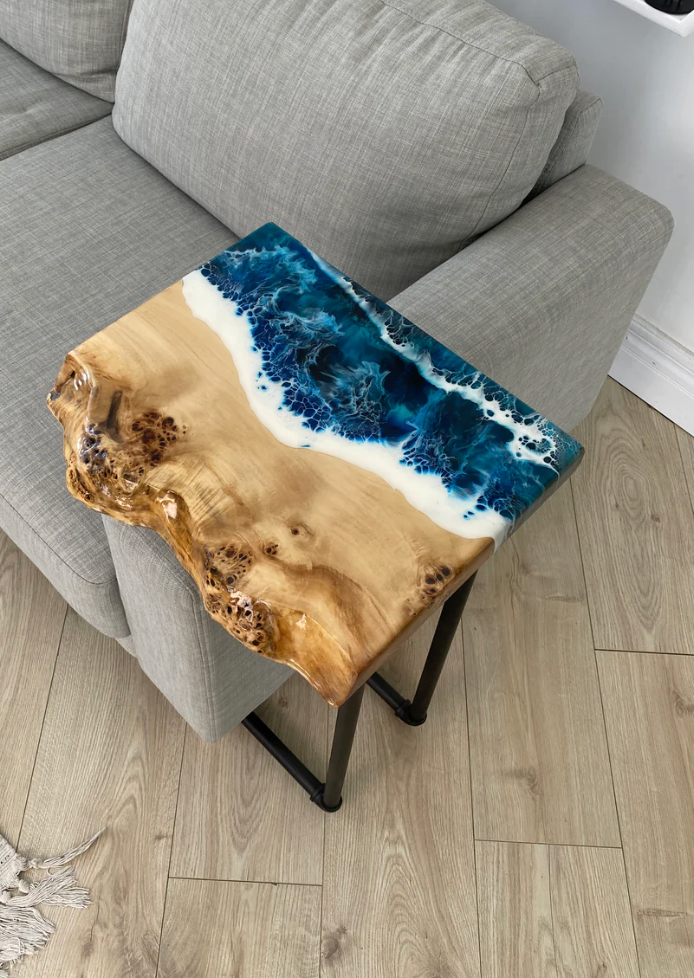 Live Edge Ocean Wave Resin Wooden Side Table