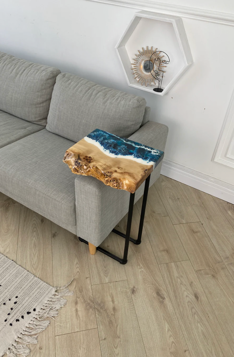 Live Edge Ocean Wave Resin Wooden Side Table
