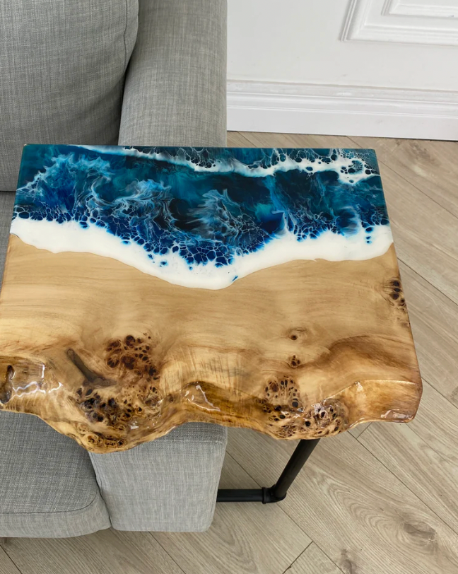 Live Edge Ocean Wave Resin Wooden Side Table