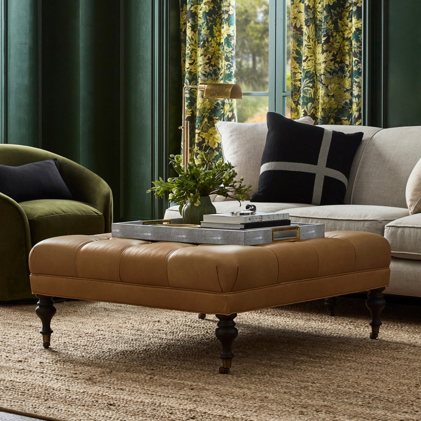 Fairfax Square Ottoman, Turned Leg with Tufted Top